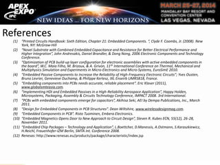 References
(1) “Printed Circuits Handbook: Sixth Edition, Chapter 21: Embedded Components. “, Clyde F. Coombs, Jr. (2008). New
York, NY: McGraw-Hill
(2) “Novel Substrate with Combined Embedded Capacitance and Resistance for Better Electrical Performance and
Higher Integration”, John Andresakis, Daniel Brandler, & Dong Nong, 2006 Electronic Components and Technology
Conference.
(3) “Optimization of PCB build-up layer configuration for electronic assemblies with active embedded components in
the board”, W.C. Maia Filho, M. Brizoux, & A. Grivon, 11th International Conference on Thermal, Mechanical and
Multiphysics Simulation and Experiments in Micro-Electronics and Micro-Systems, EuroSimE 2010.
(4) “Embedded Passive Components to Increase the Reliability of High-Frequency Electronic Circuits”; Yves Ousten,
Bruno Levrier, Genevieve Duchamp, & Philippe Kertesz, IXL Enseirb UMR5818, France.
(5) “Embedding components into PCBs needs accurate, reliable placement”. Eric Klaver (2011),
www.globalsmteasia.com.
(6) “Implementing HDI and Embedded Passives in a High-Reliability Aerospace Application”, Happy Holden,
Microsystems, Packaging, Assembly & Circuits Technology Conference, IMPACT 2008. 3rd International.
(7) “PCBs with embedded components emerge for capacitors”, Akihisa Seki, AEI by Dempa Publications, Inc., March
2011.
(8) “Design for Embedded Components in PCB Structures”. Dean Wiltshire, www.wirelessdesignmag.com.
(9) “Embedded Components in PCB”. Risto Tuominen, Embera Electronics.
(10) “Embedded Magnetics Opens Door to New Approach to Circuit Design”, Steven R. Kubes ECN, 55(12), 26-28,
November 2011.
(11) “Embedded Chip Packages – Technology and Application”, L.Boettcher, D.Manessis, A.Ostmann, S.Karaszkiewicz,
H.Reichl, Frauenhofer-IZM Berlin, SMTA Int. Conference 2008.
(12) Renesas: http://www.renesas.eu/products/package/characteristic/index.jsp
 