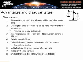 Advantages and disadvantages
Disadvantages:
1. Too many workarounds to implement within legacy 2D design
tools
2. Meeting tolerance requirements can be more difficult for formed
components
• Trimming can be slow and expensive
3. Achieving required value from formed (passive) components is
difficult
4. Prototype cost is higher
5. Embedded components can be damaged during assembly
• Rework is not possible
6. Multiple dies will increase number of power-rails
7. Impact on thermal behavior
8. Availability of bare-dies from IC vendor? (added cost)
 