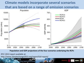 Population and GDP projections of the four scenarios underlying the RCPs
Climate models incorporate several scenarios
that are based on a range of emission scenarios
IPCC 2013 report available at:
http://www.climatechange2013.org/report/full-report/
 