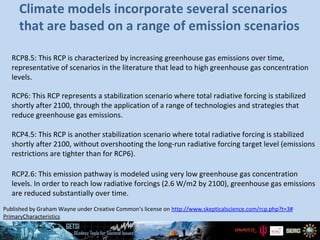 RCP8.5: This RCP is characterized by increasing greenhouse gas emissions over time,
representative of scenarios in the literature that lead to high greenhouse gas concentration
levels.
RCP6: This RCP represents a stabilization scenario where total radiative forcing is stabilized
shortly after 2100, through the application of a range of technologies and strategies that
reduce greenhouse gas emissions.
RCP4.5: This RCP is another stabilization scenario where total radiative forcing is stabilized
shortly after 2100, without overshooting the long-run radiative forcing target level (emissions
restrictions are tighter than for RCP6).
RCP2.6: This emission pathway is modeled using very low greenhouse gas concentration
levels. In order to reach low radiative forcings (2.6 W/m2 by 2100), greenhouse gas emissions
are reduced substantially over time.
Published by Graham Wayne under Creative Common’s license on http://www.skepticalscience.com/rcp.php?t=3#
PrimaryCharacteristics
Climate models incorporate several scenarios
that are based on a range of emission scenarios
 