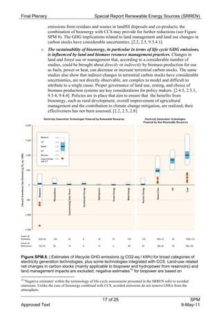 Final Plenary                                   Special Report Renewable Energy Sources (SRREN)

                 emissions from residues and wastes in landfill disposals and co-products; the
                 combination of bioenergy with CCS may provide for further reductions (see Figure
                 SPM 8). The GHG implications related to land management and land use changes in
                 carbon stocks have considerable uncertainties. [2.2, 2.5, 9.3.4.1]
             o The sustainability of bioenergy, in particular in terms of life cycle GHG emissions,
               is influenced by land and biomass resource management practices. Changes in
               land and forest use or management that, according to a considerable number of
               studies, could be brought about directly or indirectly by biomass production for use
               as fuels, power or heat, can decrease or increase terrestrial carbon stocks. The same
               studies also show that indirect changes in terrestrial carbon stocks have considerable
               uncertainties, are not directly observable, are complex to model and difficult to
               attribute to a single cause. Proper governance of land use, zoning, and choice of
               biomass production systems are key considerations for policy makers. [2.4.5, 2.5.1,
               9.3.4, 9.4.4]. Policies are in place that aim to ensure that the benefits from
               bioenergy, such as rural development, overall improvement of agricultural
               management and the contribution to climate change mitigation, are realized; their
               effectiveness has not been assessed. [2.2, 2.5, 2.8]




Figure SPM.8. | Estimates of lifecycle GHG emissions (g CO2-eq / kWh) for broad categories of
electricity generation technologies, plus some technologies integrated with CCS. Land-use related
net changes in carbon stocks (mainly applicable to biopower and hydropower from reservoirs) and
land management impacts are excluded; negative estimates 10 for biopower are based on

10
  'Negative estimates' within the terminology of life-cycle assessments presented in the SRREN refer to avoided
emissions. Unlike the case of bioenergy combined with CCS, avoided emissions do not remove GHGs from the
atmosphere.

                                                      17 of 25                                                SPM
Approved Text                                                                                             9-May-11
 