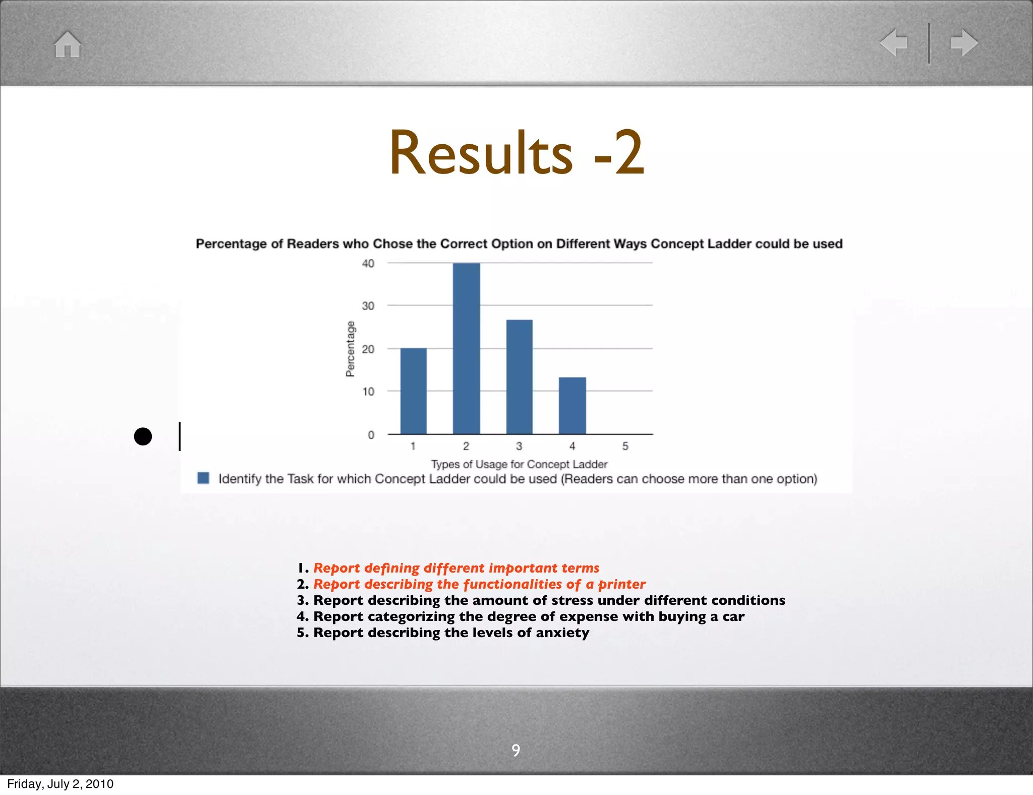 Results -2



                       • Re
                              1. Report deﬁning different important terms
                              2. Report describing the functionalities of a printer
                              3. Report describing the amount of stress under different conditions
                              4. Report categorizing the degree of expense with buying a car
                              5. Report describing the levels of anxiety




                                                           9
Friday, July 2, 2010
 
