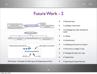 Future Work - 2
                                                                             •   1. Brainstorming

                                                                             •   1.a. Adding a new branch

                                                                             •   1.b. Changing the order and level of
                                                                                 nodes

                                                                             •   1.c. Notes

                                                                             •   1.d. Attachments

                                                                             •   1.e. Relating one branch to another

                                                                             •   1.f. Free text or images in map

                                                                             •   2. Changing the layout of a map

                                                                             •   3. Outline View

              Mind Genius - Examples for Web Layout & Organizational Chart   •   4. Importing and exporting map




                                                                   20
Friday, July 2, 2010
 