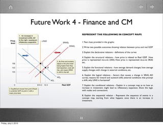 Future Work 4 - Finance and CM
                                      REPRESENT THE FOLLOWING IN CONCEPT MAPS


                                      1. Text clues provided in the graphic

                                      2. Write two possible outcomes showing relation between price and real GDP

                                      3. Explain the declarative relations - deﬁnitions of the curves

                                      4. Explain the structural relations - how price is related to Real GDP, How
                                      price is represented vis-a-vis LRAS, How price is represented vis-a-vis SRAS
                                      etc.

                                      5. Explain the functional relations - how average demand changes, how average
                                      supply changes with change in external conditions, etc.

                                      6. Explain the logical relations - factors that causes a change in SRAS, AD
                                      curves, reasons for inward and outward shift, external conditions that prompt
                                      a shift, why LRAS is horizontal?

                                      7. Explain the conditional relations - Explain in a concept map as to how an
                                      increase in investment might lead to inﬂationary expansion. Show the logic
                                      with nodes and connections.

                                      8. Explain the sequential relation - Represent the sequence of events in a
                                      concept map, starting from what happens once there is an increase in
                                      investment.




                                     22
Friday, July 2, 2010
 