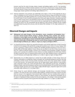 5
Summary for Policymakers
Summary
for
Policymakers
emissions came from the sectors of energy, industry, transport, and buildings together and 22%10
from agriculture,
forestry and other land use (AFOLU). Emissions reductions in CO2-FFI due to improvements in energy intensity of GDP
and carbon intensity of energy, have been less than emissions increases from rising global activity levels in industry,
energy supply, transport, agriculture and buildings. (high confidence) {2.1.1}
A.1.5 Historical contributions of CO2 emissions vary substantially across regions in terms of total magnitude, but also in
terms of contributions to CO2-FFI and net CO2 emissions from land use, land-use change and forestry (CO2-LULUCF).
In 2019, around 35% of the global population live in countries emitting more than 9 tCO2-eq per capita11
(excluding
CO2-LULUCF) while 41% live in countries emitting less than 3 tCO2-eq per capita; of the latter a substantial share lacks
access to modern energy services. Least Developed Countries (LDCs) and Small Island Developing States (SIDS) have
much lower per capita emissions (1.7 tCO2-eq and 4.6 tCO2-eq, respectively) than the global average (6.9 tCO2-eq),
excluding CO2-LULUCF. The 10% of households with the highest per capita emissions contribute 34–45% of global
consumption-based household GHG emissions, while the bottom 50% contribute 13–15%. (high confidence) {2.1.1,
Figure 2.2}
Observed Changes and Impacts
A.2 Widespread and rapid changes in the atmosphere, ocean, cryosphere and biosphere have
occurred. Human-caused climate change is already affecting many weather and climate
extremes in every region across the globe. This has led to widespread adverse impacts and
related losses and damages to nature and people (high confidence). Vulnerable communities
who have historically contributed the least to current climate change are disproportionately
affected (high confidence). {2.1, Table 2.1, Figure 2.2, Figure 2.3} (Figure SPM.1)
A.2.1 It is unequivocal that human influence has warmed the atmosphere, ocean and land. Global mean sea level increased by
0.20 [0.15 to 0.25] m between 1901 and 2018.The average rate of sea level rise was 1.3 [0.6 to 2.1] mm yr-1
between 1901
and 1971, increasing to 1.9 [0.8 to 2.9] mm yr-1
between 1971 and 2006, and further increasing to 3.7 [3.2 to 4.2] mm yr-1
between 2006 and 2018 (high confidence). Human influence was very likely the main driver of these increases since at
least 1971. Evidence of observed changes in extremes such as heatwaves, heavy precipitation, droughts, and tropical
cyclones, and, in particular, their attribution to human influence, has further strengthened since AR5. Human influence
has likely increased the chance of compound extreme events since the 1950s, including increases in the frequency of
concurrent heatwaves and droughts (high confidence). {2.1.2, Table 2.1, Figure 2.3, Figure 3.4} (Figure SPM.1)
A.2.2 Approximately 3.3 to 3.6 billion people live in contexts that are highly vulnerable to climate change. Human and
ecosystem vulnerability are interdependent. Regions and people with considerable development constraints have high
vulnerability to climatic hazards. Increasing weather and climate extreme events have exposed millions of people
to acute food insecurity12
and reduced water security, with the largest adverse impacts observed in many locations
and/or communities in Africa, Asia, Central and South America, LDCs, Small Islands and the Arctic, and globally for
Indigenous Peoples, small-scale food producers and low-income households. Between 2010 and 2020, human mortality
from floods, droughts and storms was 15 times higher in highly vulnerable regions, compared to regions with very low
vulnerability. (high confidence) {2.1.2, 4.4} (Figure SPM.1)
A.2.3 Climate change has caused substantial damages, and increasingly irreversible losses, in terrestrial, freshwater,
cryospheric, and coastal and open ocean ecosystems (high confidence). Hundreds of local losses of species have been
driven by increases in the magnitude of heat extremes (high confidence) with mass mortality events recorded on
land and in the ocean (very high confidence). Impacts on some ecosystems are approaching irreversibility such as
the impacts of hydrological changes resulting from the retreat of glaciers, or the changes in some mountain (medium
confidence) and Arctic ecosystems driven by permafrost thaw (high confidence). {2.1.2, Figure 2.3} (Figure SPM.1)
10
GHG emission levels are rounded to two significant digits; as a consequence, small differences in sums due to rounding may occur. {2.1.1}
11
Territorial emissions.
12
Acute food insecurity can occur at any time with a severity that threatens lives, livelihoods or both, regardless of the causes, context or duration, as a result
of shocks risking determinants of food security and nutrition, and is used to assess the need for humanitarian action. {2.1}
 