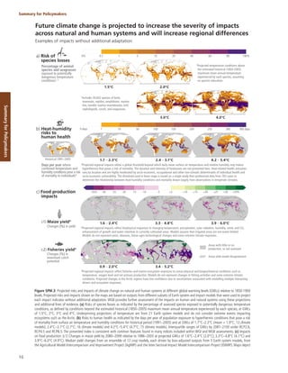 16
Summary for Policymakers
Summary
for
Policymakers
c1) Maize yield4
c2) Fisheries yield5
Changes (%) in
maximum catch
potential
Changes (%) in yield
-20 -10 -3
-30 -25 -15
-35% +20 +30 +35%
+10
+3 +25
+15
1
0 days 300
100 200
10 150 250
50 365 days
0.1
0% 80
10 40
1 20 60
5 100%
Areas with model disagreement
Examples of impacts without additional adaptation
2.4 – 3.1°C 4.2 – 5.4°C
1.5°C
3.0°C
1.7 – 2.3°C
0.9 – 2.0°C 3.4 – 5.2°C
1.6 – 2.4°C 3.3 – 4.8°C 3.9 – 6.0°C
2.0°C
4.0°C
Percentage of animal
species and seagrasses
exposed to potentially
dangerous temperature
conditions1, 2
Days per year where
combined temperature and
humidity conditions pose a risk
of mortality to individuals3
5
Projected regional impacts reflect fisheries and marine ecosystem responses to ocean physical and biogeochemical conditions such as
temperature, oxygen level and net primary production. Models do not represent changes in fishing activities and some extreme climatic
conditions. Projected changes in the Arctic regions have low confidence due to uncertainties associated with modelling multiple interacting
drivers and ecosystem responses.
4
Projected regional impacts reflect biophysical responses to changing temperature, precipitation, solar radiation, humidity, wind, and CO2
enhancement of growth and water retention in currently cultivated areas. Models assume that irrigated areas are not water-limited.
Models do not represent pests, diseases, future agro-technological changes and some extreme climate responses.
Future climate change is projected to increase the severity of impacts
across natural and human systems and will increase regional differences
Areas with little or no
production, or not assessed
1
Projected temperature conditions above
the estimated historical (1850-2005)
maximum mean annual temperature
experienced by each species, assuming
no species relocation.
2
Includes 30,652 species of birds,
mammals, reptiles, amphibians, marine
fish, benthic marine invertebrates, krill,
cephalopods, corals, and seagrasses.
a) Risk of
species losses
b) Heat-humidity
risks to
human health
c) Food production
impacts
3
Projected regional impacts utilize a global threshold beyond which daily mean surface air temperature and relative humidity may induce
hyperthermia that poses a risk of mortality. The duration and intensity of heatwaves are not presented here. Heat-related health outcomes
vary by location and are highly moderated by socio-economic, occupational and other non-climatic determinants of individual health and
socio-economic vulnerability. The threshold used in these maps is based on a single study that synthesized data from 783 cases to
determine the relationship between heat-humidity conditions and mortality drawn largely from observations in temperate climates.
Historical 1991–2005
Figure SPM.3: Projected risks and impacts of climate change on natural and human systems at different global warming levels (GWLs) relative to 1850-1900
levels. Projected risks and impacts shown on the maps are based on outputs from different subsets of Earth system and impact models that were used to project
each impact indicator without additional adaptation. WGII provides further assessment of the impacts on human and natural systems using these projections
and additional lines of evidence. (a) Risks of species losses as indicated by the percentage of assessed species exposed to potentially dangerous temperature
conditions, as defined by conditions beyond the estimated historical (1850–2005) maximum mean annual temperature experienced by each species, at GWLs
of 1.5°C, 2°C, 3°C and 4°C. Underpinning projections of temperature are from 21 Earth system models and do not consider extreme events impacting
ecosystems such as the Arctic. (b) Risks to human health as indicated by the days per year of population exposure to hyperthermic conditions that pose a risk
of mortality from surface air temperature and humidity conditions for historical period (1991–2005) and at GWLs of 1.7°C–2.3°C (mean = 1.9°C; 13 climate
models), 2.4°C–3.1°C (2.7°C; 16 climate models) and 4.2°C–5.4°C (4.7°C; 15 climate models). Interquartile ranges of GWLs by 2081–2100 under RCP2.6,
RCP4.5 and RCP8.5. The presented index is consistent with common features found in many indices included within WGI and WGII assessments. (c) Impacts
on food production: (c1) Changes in maize yield by 2080–2099 relative to 1986–2005 at projected GWLs of 1.6°C–2.4°C (2.0°C), 3.3°C–4.8°C (4.1°C) and
3.9°C–6.0°C (4.9°C). Median yield changes from an ensemble of 12 crop models, each driven by bias-adjusted outputs from 5 Earth system models, from
the Agricultural Model Intercomparison and Improvement Project (AgMIP) and the Inter-Sectoral Impact Model Intercomparison Project (ISIMIP). Maps depict
 