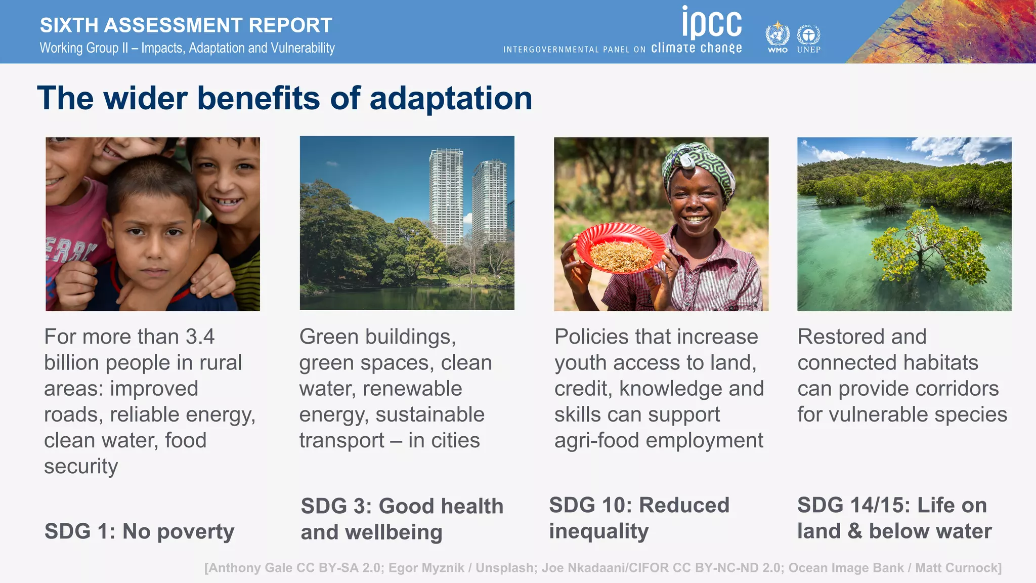 SIXTH ASSESSMENT REPORT
Working Group II – Impacts, Adaptation and Vulnerability
The wider benefits of adaptation
Restored and
connected habitats
can provide corridors
for vulnerable species
Green buildings,
green spaces, clean
water, renewable
energy, sustainable
transport – in cities
For more than 3.4
billion people in rural
areas: improved
roads, reliable energy,
clean water, food
security
Policies that increase
youth access to land,
credit, knowledge and
skills can support
agri-food employment
SDG 1: No poverty
SDG 3: Good health
and wellbeing
SDG 14/15: Life on
land & below water
[Anthony Gale CC BY-SA 2.0; Egor Myznik / Unsplash; Joe Nkadaani/CIFOR CC BY-NC-ND 2.0; Ocean Image Bank / Matt Curnock]
SDG 10: Reduced
inequality
 