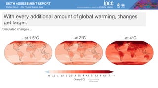 SIXTH ASSESSMENT REPORT
Working Group I – The Physical Science Basis
…at 2C …at 4C
…at 1.5C
With every additional amount of global warming, changes
get larger.
Simulated changes…
 