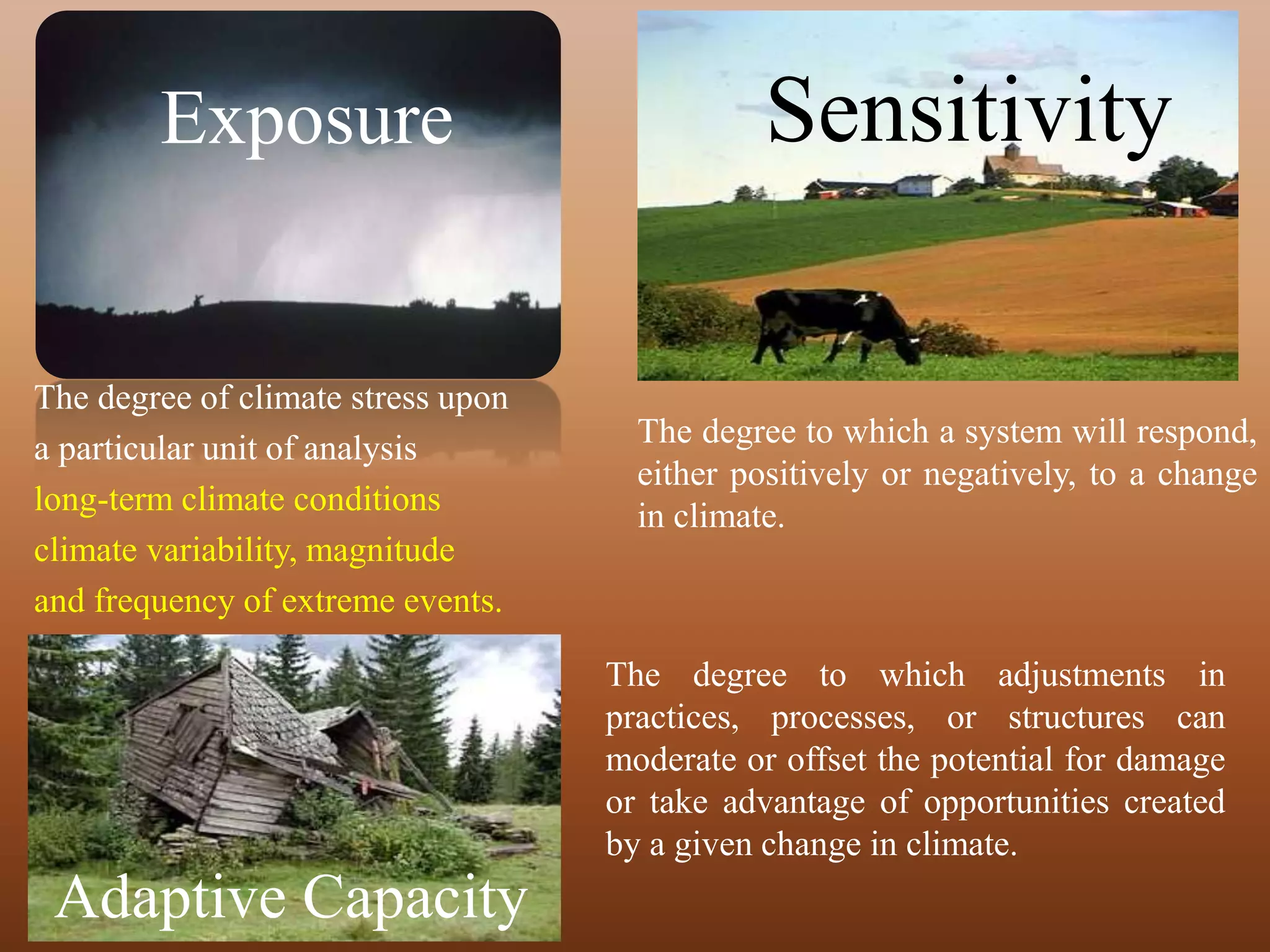 Sensitivity
The degree to which a system will respond,
either positively or negatively, to a change
in climate.
Exposure
The degree of climate stress upon
a particular unit of analysis
long-term climate conditions
climate variability, magnitude
and frequency of extreme events.
Adaptive Capacity
The degree to which adjustments in
practices, processes, or structures can
moderate or offset the potential for damage
or take advantage of opportunities created
by a given change in climate.
 