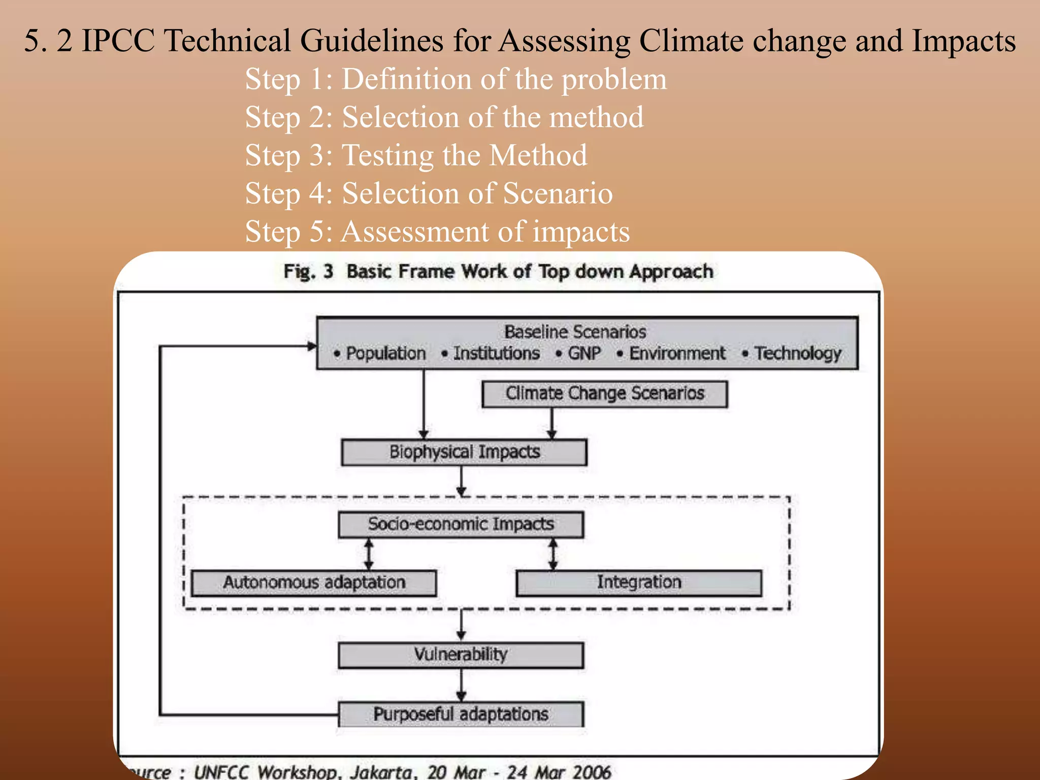 5. 2 IPCC Technical Guidelines for Assessing Climate change and Impacts
Step 1: Definition of the problem
Step 2: Selection of the method
Step 3: Testing the Method
Step 4: Selection of Scenario
Step 5: Assessment of impacts
 