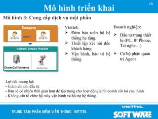 16
                        Mô hình triển khai
Mô hình 3: Cung cấp dịch vụ một phần
                                     Viettel:                Doanh nghiệp:
                                      Đảm bảo toàn bộ hệ
                                                              Đầu tư trang thiết
                                        thống hạ tầng.
                                                                bị (PC, IP Phone,
                                      Thiết lập kết nối đến
                                                                Tai nghe…)
                                        khách hàng
                                      Vận hành, bảo trì hệ  Có bộ phận quản
                                        thống                   trị Agent




 Lợi ích mang lại:
 - Giảm chi phí đầu tư
 - Bạn sẽ có nhiều thời gian hơn để tập trung cho hoạt động kinh doanh cốt lõi của mình
 - Không cần tổ chức bộ máy vận hành và hỗ trợ hệ thống.
 