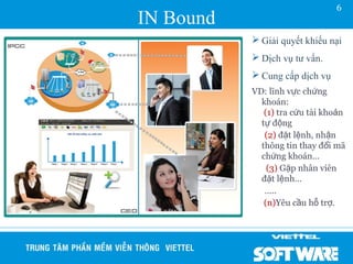 6
IN Bound
            Giải quyết khiếu nại
            Dịch vụ tư vấn.
            Cung cấp dịch vụ
           VD: lĩnh vực chứng
             khoán:
              (1) tra cứu tài khoản
             tự động
              (2) đặt lệnh, nhận
             thông tin thay đổi mã
             chứng khoán…
               (3) Gặp nhân viên
             đặt lệnh…
              …..
              (n)Yêu cầu hỗ trợ.
 