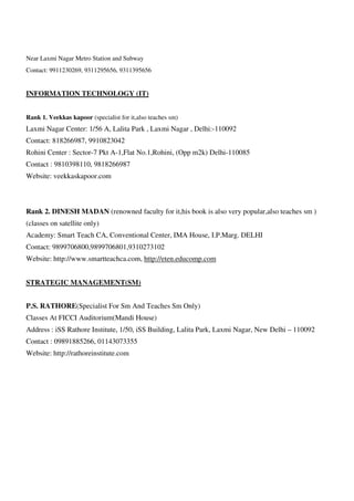 Near Laxmi Nagar Metro Station and Subway
Contact: 9911230269, 9311295656, 9311395656
INFORMATION TECHNOLOGY (IT)
Rank 1. Veekkas kapoor (specialist for it,also teaches sm)
Laxmi Nagar Center: 1/56 A, Lalita Park , Laxmi Nagar , Delhi:-110092
Contact: 818266987, 9910823042
Rohini Center : Sector-7 Pkt A-1,Flat No.1,Rohini, (Opp m2k) Delhi-110085
Contact : 9810398110, 9818266987
Website: veekkaskapoor.com
Rank 2. DINESH MADAN (renowned faculty for it,his book is also very popular,also teaches sm )
(classes on satellite only)
Academy: Smart Teach CA, Conventional Center, IMA House, I.P.Marg. DELHI
Contact: 9899706800,9899706801,9310273102
Website: http://www.smartteachca.com, http://eten.educomp.com
STRATEGIC MANAGEMENT(SM)
P.S. RATHORE(Specialist For Sm And Teaches Sm Only)
Classes At FICCI Auditorium(Mandi House)
Address : iSS Rathore Institute, 1/50, iSS Building, Lalita Park, Laxmi Nagar, New Delhi – 110092
Contact : 09891885266, 01143073355
Website: http://rathoreinstitute.com
 