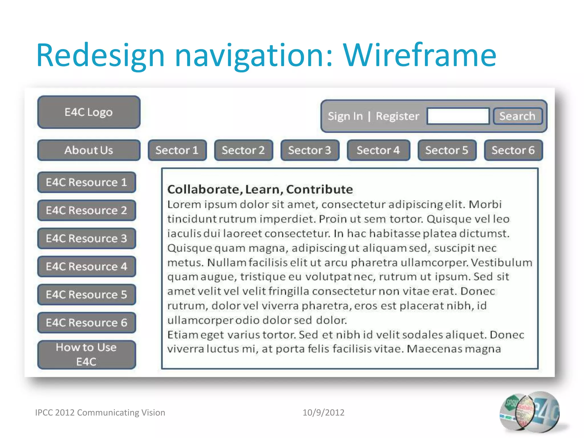 Redesign navigation: Wireframe




IPCC 2012 Communicating Vision   10/9/2012
 