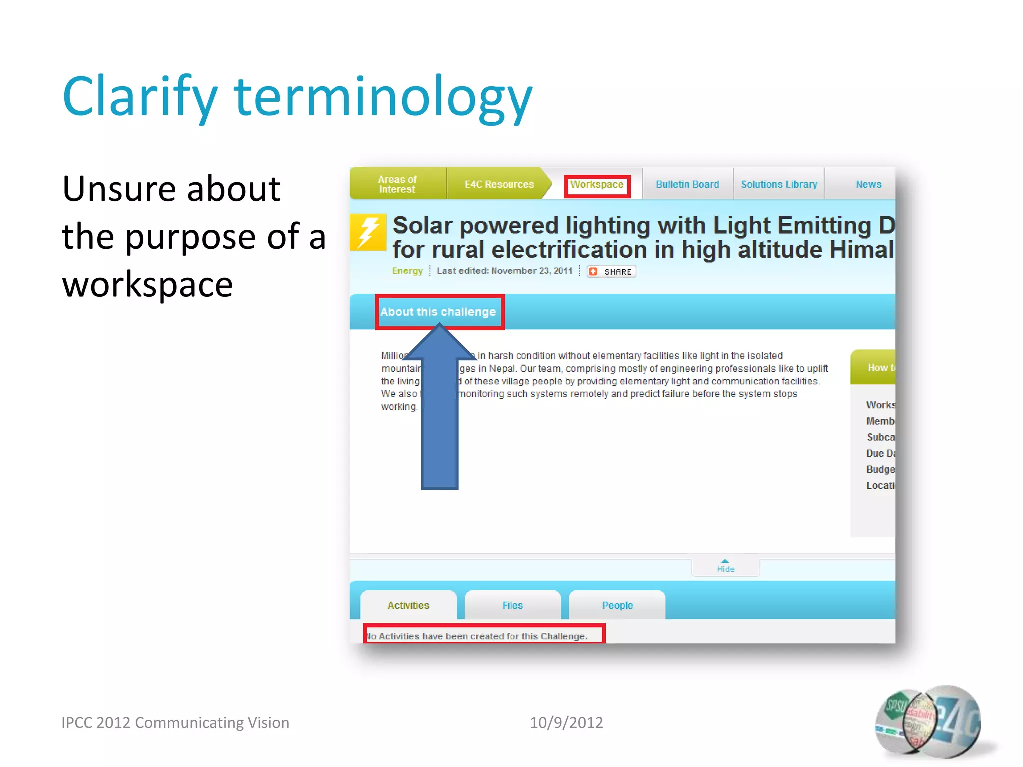 Clarify terminology
Unsure about
the purpose of a
workspace




IPCC 2012 Communicating Vision   10/9/2012
 