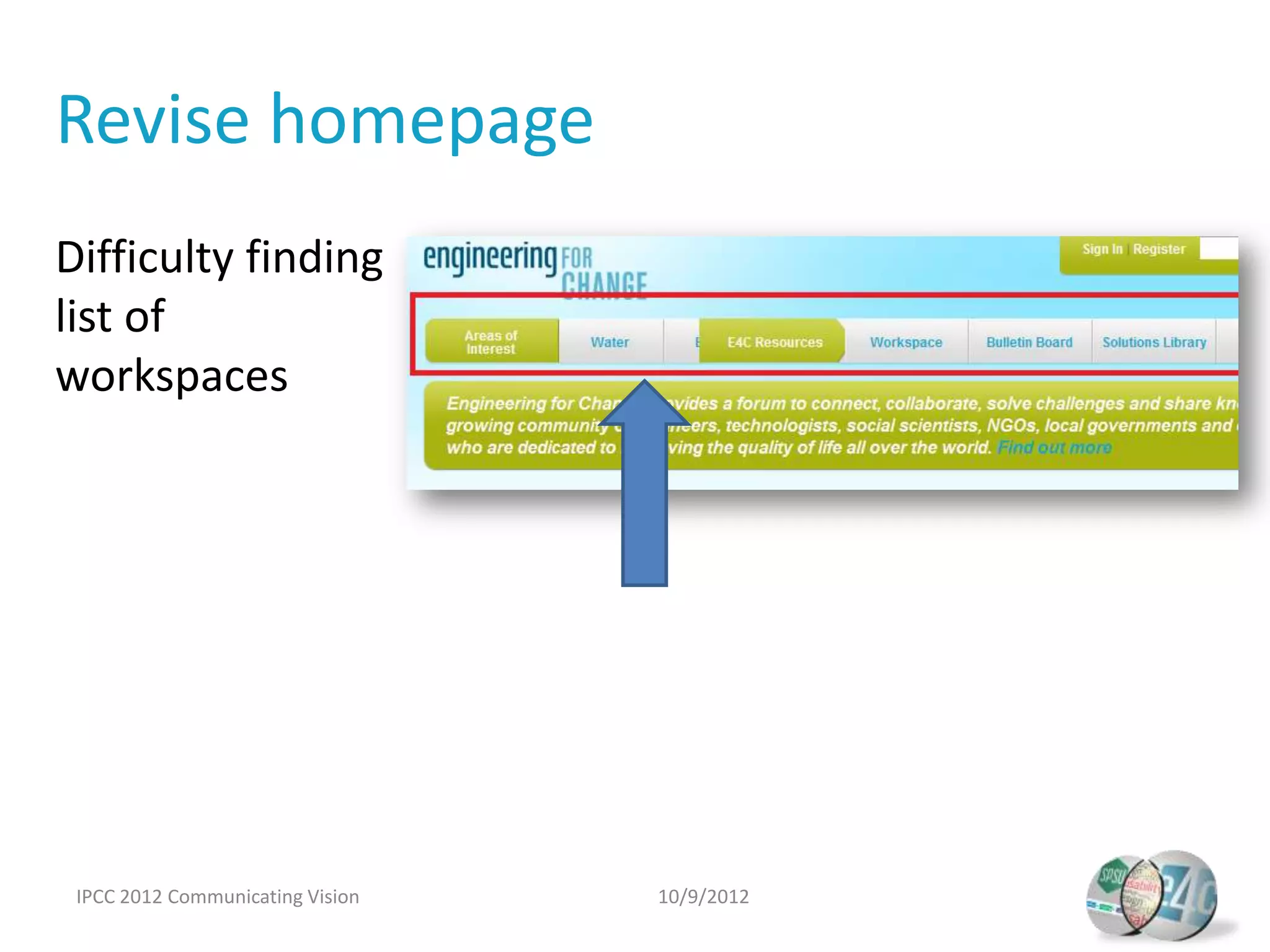Revise homepage
Difficulty finding
list of
workspaces




 IPCC 2012 Communicating Vision   10/9/2012
 