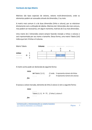 INTRODUÇÃO a PROGRAMAÇÃO de COMPUTADORES 
para CURSOS de ENGENHARIA e de AUTOMAÇÃO 
Página 
5 
Variáveis do tipo Matriz 
Matrizes são tipos especiais de vetores, vetores multi-dimensionais, onde os 
elementos podem ser acessados através de dimensões, 2 ou mais. 
A matriz mais comum é a de duas dimensões (linha e coluna), por se relacionar 
diretamente com a utilização de tabelas. Matrizes de 2 dimensões são mais comuns, 
mas podem ser necessárias, em algum momento, matrizes de 3 ou mais dimensões. 
Uma matriz de 2 dimensões estará sempre fazendo menção a linhas e colunas e 
será representada por seu nome e tamanho. Dessa forma, uma matriz Tabela [3,4] 
indica que tem 3 linhas e 4 colunas. 
Matriz Tabela Colunas - - - - - - - - - - - - - - - - - - - - - - - - 
↓ 
1 2 3 4 
Linhas 1 
- - - - - -  2 77 
- - - - - - 3 
A matriz acima pode ser declarada da seguinte forma: 
inicio 
int Tabela [ 3, 4 ]; // onde: 3 representa número de linhas 
. . . . // 4 representa número de colunas 
fim 
O acesso a celula marcada, elemento da linha 2 coluna 3, tem a seguinte forma: 
inicio 
. . . . 
Tabela [ 2, 3 ]  77; // linha 2, coluna 3 
. . . . 
fim 
 