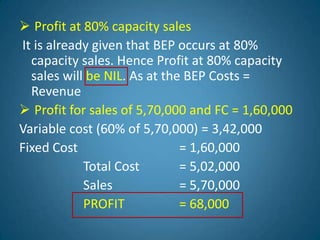  Profit at 80% capacity sales
It is already given that BEP occurs at 80%
capacity sales. Hence Profit at 80% capacity
sales will be NIL. As at the BEP Costs =
Revenue
 Profit for sales of 5,70,000 and FC = 1,60,000
Variable cost (60% of 5,70,000) = 3,42,000
Fixed Cost = 1,60,000
Total Cost = 5,02,000
Sales = 5,70,000
PROFIT = 68,000
 