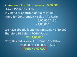  Amount of profit on sales of ` 9,00,000.
Given PV Ratio = 30%
P V Ratio =( Contribution/Sales )* 100
there for Contribution = Sales * PV Ratio
= 6,00,000 * .30
= 1,80,000
We have already found that BE Sales = 3,60,000
Therefore BE Sales = FC/PV Ratio
FC = 1,08,000
Now, Desired Sales =( FC + Profit)/PV Ratio
9,00,000= (1,08,000+ P)/.30
Profit = 1,62,000
 