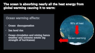 The ocean is absorbing nearly all the heat energy from
global warming causing it to warm:
93% of heat
Ocean warming
Ocean ...