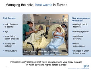 Managing the risks: heat waves in Europe


Risk Factors                                                         Risk Management/
                                                                     Adaptation
  lack of access                                                      cooling in public
   to cooling                                                           facilities

  age                                                                 warning systems

  pre-existing                                                        social care
   health problems                                                      networks

  poverty and                                                         urban
   isolation                                                            green space

  infrastructure     France, August 2003 (over 14,000 dead)           changes in urban
                                                                        infrastructure



         Projected: likely increase heat wave frequency and very likely increase
                          in warm days and nights across Europe
  21
 