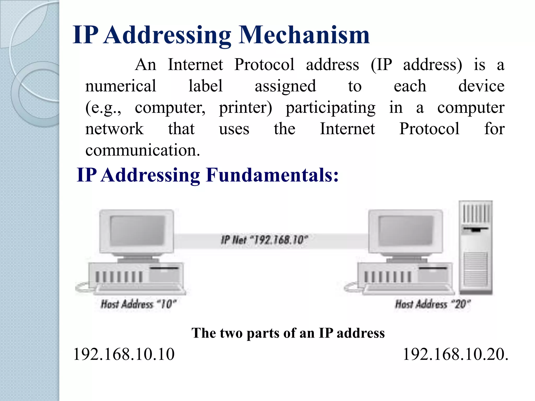 IP Addressing Mechanism
An Internet Protocol address (IP address) is a
numerical
label
assigned
to
each
device
(e.g., computer, printer) participating in a computer
network that uses the Internet Protocol for
communication.

IP Addressing Fundamentals:

The two parts of an IP address

192.168.10.10

192.168.10.20.

 