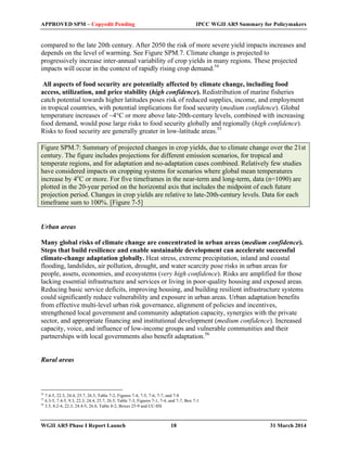 APPROVED SPM – Copyedit Pending IPCC WGII AR5 Summary for Policymakers 
compared to the late 20th century. After 2050 the risk of more severe yield impacts increases and 
depends on the level of warming. See Figure SPM.7. Climate change is projected to 
progressively increase inter-annual variability of crop yields in many regions. These projected 
impacts will occur in the context of rapidly rising crop demand.54 
All aspects of food security are potentially affected by climate change, including food 
access, utilization, and price stability (high confidence). Redistribution of marine fisheries 
catch potential towards higher latitudes poses risk of reduced supplies, income, and employment 
in tropical countries, with potential implications for food security (medium confidence). Global 
temperature increases of ~4°C or more above late-20th-century levels, combined with increasing 
food demand, would pose large risks to food security globally and regionally (high confidence). 
Risks to food security are generally greater in low-latitude areas.55 
Figure SPM.7: Summary of projected changes in crop yields, due to climate change over the 21st 
century. The figure includes projections for different emission scenarios, for tropical and 
temperate regions, and for adaptation and no-adaptation cases combined. Relatively few studies 
have considered impacts on cropping systems for scenarios where global mean temperatures 
increase by 4oC or more. For five timeframes in the near-term and long-term, data (n=1090) are 
plotted in the 20-year period on the horizontal axis that includes the midpoint of each future 
projection period. Changes in crop yields are relative to late-20th-century levels. Data for each 
timeframe sum to 100%. [Figure 7-5] 
Urban areas 
Many global risks of climate change are concentrated in urban areas (medium confidence). 
Steps that build resilience and enable sustainable development can accelerate successful 
climate-change adaptation globally. Heat stress, extreme precipitation, inland and coastal 
flooding, landslides, air pollution, drought, and water scarcity pose risks in urban areas for 
people, assets, economies, and ecosystems (very high confidence). Risks are amplified for those 
lacking essential infrastructure and services or living in poor-quality housing and exposed areas. 
Reducing basic service deficits, improving housing, and building resilient infrastructure systems 
could significantly reduce vulnerability and exposure in urban areas. Urban adaptation benefits 
from effective multi-level urban risk governance, alignment of policies and incentives, 
strengthened local government and community adaptation capacity, synergies with the private 
sector, and appropriate financing and institutional development (medium confidence). Increased 
capacity, voice, and influence of low-income groups and vulnerable communities and their 
partnerships with local governments also benefit adaptation.56 
Rural areas 
54 7.4-5, 22.3, 24.4, 25.7, 26.5, Table 7-2, Figures 7-4, 7-5, 7-6, 7-7, and 7-8 
55 6.3-5, 7.4-5, 9.3, 22.3, 24.4, 25.7, 26.5, Table 7-3, Figures 7-1, 7-4, and 7-7, Box 7-1 
56 3.5, 8.2-4, 22.3, 24.4-5, 26.8, Table 8-2, Boxes 25-9 and CC-HS 
WGII AR5 Phase I Report Launch 18 31 March 2014 
 