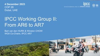 4 December 2023
COP 28
Dubai, UAE
IPCC Working Group II:
From AR6 to AR7
Bart van den HURK & Winston CHOW
WGII Co-Chairs, IPCC AR7
 