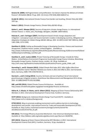 Final Draft Chapter 16 IPCC WGIII AR5 
Greene W. (2004). Aid fragmentation and proliferation: Can donors improve the delivery of climate 
finance?, IDS Bulletin 35 66–75 pp. (DOI: 10.1111/j.1759‐5436.2004.tb00137.x). 
Grubb M. (2011). International Climate Finance from border cost levelling, Climate Policy 11 1050– 
1057 pp. . 
Haites E. (2011). Climate change finance, Climate Policy 11 963–69 pp. . 
Haites E., and C. Mwape (2013). Sources of long‐term climate change finance. In: International 
Climate Finance. E. Haites, (ed.), Routledge, Abingdon, UK(ISBN: 1849714053). 
Halsnæs K., and J. Verhagen (2007). Development based climate change adaptation and 
mitigation—conceptual issues and lessons learned in studies in developing countries, Mitigation and 
Adaptation Strategies for Global Change 12 665–684 pp. (DOI: 10.1007/s11027‐007‐9093‐6), (ISSN: 
1381‐2386, 1573‐1596). 
Hamilton K. (2010). Scaling up Renewable Energy in Developing Countries: Finance and Investment 
Perspectives. Chatham House, London, United Kingdom. . Available at: 
http://www.chathamhouse.org/sites/default/files/public/Research/Energy,%20Environment%20and 
%20Development/0410pp_hamilton.pdf. 
Hamilton K., and S. Justice (2009). Private Financing of Renewable Energy: A Guide for Policy 
Makers. United Nations Environment Programme‐Sustainable Energy Finance Initiative, Bloomberg 
Renewable Energy Finance, Chatham House, London, UK. 28 pp. Available at: 
http://sefi.unep.org/fileadmin/media/sefi/docs/publications/Finance_guide_FINAL‐.pdf. 
Harmeling S., and D. Eckstein (2012). Global Climate Risk Index 2013: Who Suffers Most from 
Extreme Weather Events? Weather‐Related Loss Events in 2011 and 1992 to 2011. Germanwatch, 
Bonn, Germany, (ISBN: 978‐3‐943704‐04‐4). . 
Harnisch J., and K. Enting (2013). Country risk levels and cost of political risk of international 
greenhouse gas mitigation projects, Greenhouse Gas Measurement and Management 3 55–63 pp. 
(DOI: 10.1080/20430779.2013.815088). 
HBF, and ODI (2013). Global Climate Finance Architecture. . Available at: 
http://www.climatefundsupdate.org/global‐trends/global‐finance‐architecture. 
Höhne N., S. Khosla, H. Fekete, and A. Gilbert (2012). Mapping of Green Finance Delivered by IDFC 
Members in 2011. International Development Finance Club, Frankfurt, Germany. 
ICCTF (2012). Background, Indonesia Climate Change Trust Fund (ICCTF) . Available at: 
http://www.icctf.or.id/about/background/. 
ICTSD (2012). Ways to promote enabling environment and to address barriers to technology 
development and transfer. International Centre for Trade and Sustainable Development (ICTSD). . 
Available at: http://unfccc.int/ttclear/sunsetcms/storage/contents/stored‐file‐ 
20130422151335147/ICTSD_EE.pdf. 
IDB (2011). The Energy Efficiency Guarantee Mechanism. Inter‐American Development Bank. . 
Available at: http://idbdocs.iadb.org/wsdocs/getdocument.aspx?docnum=36200782. 
IDFC (2013). Mapping of Green Finance Delivered by IDFC Members in 2012. International 
Development Finance Club (IDFC), Frankfurt, Germany. 33 pp. Available at: 
50 of 61 
 