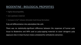 BIODENTINE : BIOLOGICAL PROPERTIES
• highly-biocompatible,
• non-cytotoxic material
• increase in Ca2+ release stimulate hard-tissue formation
Pulp cell differentiation into odontoblast-like cells
There was no statistically-significant difference between the responses of human pulp
tissue to Biodentine and MTA used as pulp-capping materials to cover iatrogenic pulp
exposure sites in intact human molars scheduled for orthodontic extraction.
 