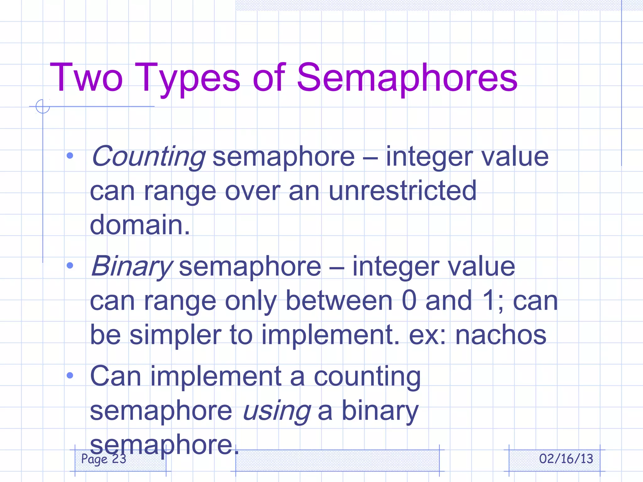 Two Types of Semaphores
• Counting semaphore – integer value
  can range over an unrestricted
  domain.
• Binary semaphore – integer value
  can range only between 0 and 1; can
  be simpler to implement. ex: nachos
• Can implement a counting
  semaphore using a binary
  semaphore.
 Page 23                            02/16/13
 