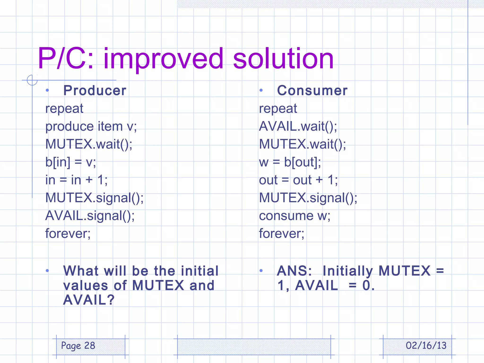 P/C: improved solution
•   Producer                   •  Consumer
repeat                         repeat
produce item v;                AVAIL.wait();
MUTEX.wait();                  MUTEX.wait();
b[in] = v;                     w = b[out];
in = in + 1;                   out = out + 1;
MUTEX.signal();                MUTEX.signal();
AVAIL.signal();                consume w;
forever;                       forever;

•   What will be the initial   •   ANS: Initially MUTEX =
    values of MUTEX and            1, AVAIL = 0.
    AVAIL?


    Page 28                                        02/16/13
 