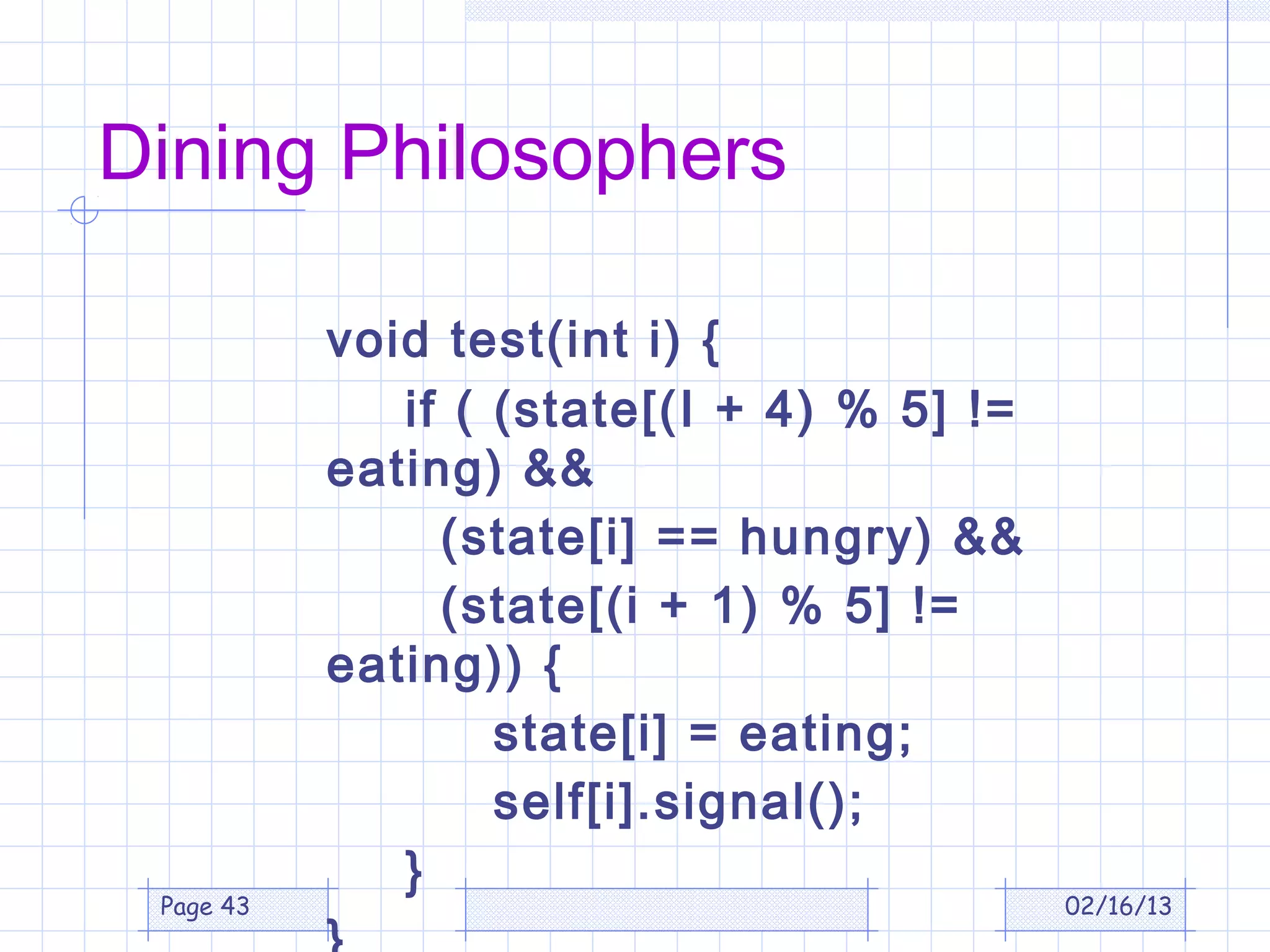Dining Philosophers

           void test(int i) {
              if ( (state[(I + 4) % 5] !=
           eating) &&
                (state[i] == hungry) &&
                (state[(i + 1) % 5] !=
           eating)) {
                   state[i] = eating;
                   self[i].signal();
              }
 Page 43                                    02/16/13
 