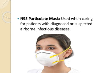  N95 Particulate Mask: Used when caring
for patients with diagnosed or suspected
airborne infectious diseases.
 