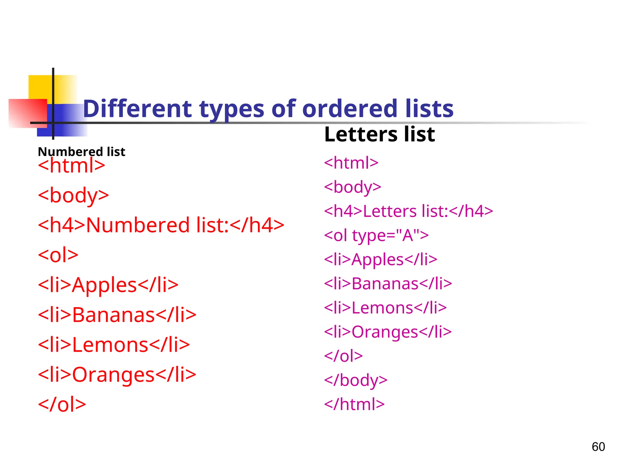 Different types of ordered lists
Numbered list
<html>
<body>
<h4>Numbered list:</h4>
<ol>
<li>Apples</li>
<li>Bananas</li>
<li>Lemons</li>
<li>Oranges</li>
</ol>
Letters list
<html>
<body>
<h4>Letters list:</h4>
<ol type="A">
<li>Apples</li>
<li>Bananas</li>
<li>Lemons</li>
<li>Oranges</li>
</ol>
</body>
</html>
60
 