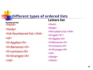 Different types of ordered lists
Numbered list
<html>
<body>
<h4>Numbered list:</h4>
<ol>
<li>Apples</li>
<li>Bananas</li>
<li>Lemons</li>
<li>Oranges</li>
</ol>
Letters list
<html>
<body>
<h4>Letters list:</h4>
<ol type="A">
<li>Apples</li>
<li>Bananas</li>
<li>Lemons</li>
<li>Oranges</li>
</ol>
</body>
</html>
60
 