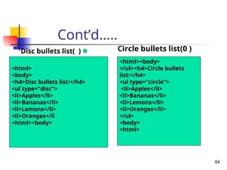 Cont’d…..
Disc bullets list( ) Circle bullets list(0 )
64
<html>
<body>
<h4>Disc bullets list:</h4>
<ul type="disc">
<li>Apples</li>
<li>Bananas</li>
<li>Lemons</li>
<li>Oranges</li
<html><body>
<html><body>
</ul><h4>Circle bullets
list:</h4>
<ul type="circle">
<li>Apples</li>
<li>Bananas</li>
<li>Lemons</li>
<li>Oranges</li>
</ul>
<body>
<html>
 