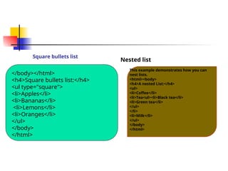 Square bullets list
Nested list
</body></html>
<h4>Square bullets list:</h4>
<ul type="square">
<li>Apples</li>
<li>Bananas</li>
<li>Lemons</li>
<li>Oranges</li>
</ul>
</body>
</html>
This example demonstrates how you can
nest lists.
<html><body>
<h4>A nested List:</h4>
<ul>
<li>Coffee</li>
<li>Tea<ul><li>Black tea</li>
<li>Green tea</li>
</ul>
</li>
<li>Milk</li>
</ul>
</body>
</html>
 
