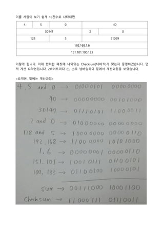 이를 사람이 보기 쉽게 10진수로 나타내면
4 5 0 40
30147 2 0
128 5 51059
192.168.1.6
151.101.100.133
이렇게 됩니다. 이제 캡쳐한 패킷에 나와있는 Checksum(16비트)가 맞는지 증명하겠습니다. 먼
저 계산 요약본입니다. 2바이트마다 ①, ②로 넘버링하여 밑에서 계산과정을 보였습니다.
<요약본, 밑에는 계산과정>
 