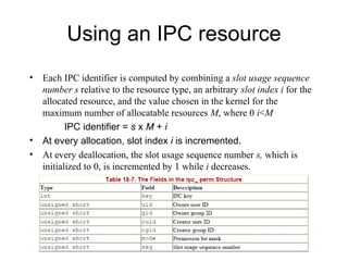 Using an IPC resource Each IPC identifier is computed by combining a  slot usage sequence number  s  relative to the resource type, an arbitrary  slot index  i  for the allocated resource, and the value   chosen in the kernel for the maximum number of allocatable resources   M ,  where 0  i < M IPC identifier =  s  x  M  +  i At every allocation, slot index  i  is incremented. At every deallocation, t he slot usage sequence number  s ,  which   is initialized to  0,  is incremented by 1  while  i  decreases. 