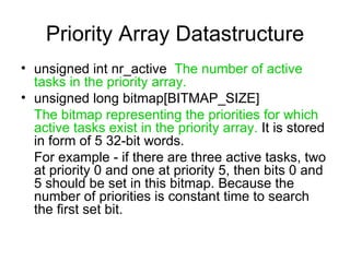 Priority Array Datastructure unsigned int nr_active  The number of active tasks in the priority array. unsigned long bitmap[BITMAP_SIZE] The bitmap representing the priorities for which active tasks exist in the priority array.  It is stored in form of 5 32-bit words. For example - if there are three active tasks, two at priority 0 and one at priority 5, then bits 0 and 5 should be set in this bitmap. Because the number of priorities is constant time to search the first set bit. 