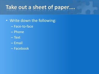 Take out a sheet of paper….

• Write down the following:
  – Face-to-face
  – Phone
  – Text
  – Email
  – Facebook
 