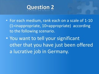 Question 2

• For each medium, rank each on a scale of 1-10
  (1=inappropriate, 10=appropriate) according
  to the following scenario.
• You want to tell your significant
  other that you have just been offered
  a lucrative job in Germany.
 