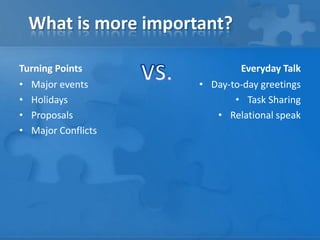 What is more important?

Turning Points               Everyday Talk
• Major events       • Day-to-day greetings
• Holidays                  • Task Sharing
• Proposals             • Relational speak
• Major Conflicts
 