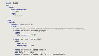 name: Build
on:
push:
branches-ignore:
- '**'
tags:
- 'v*.*.*'
jobs:
build:
runs-on: ubuntu-latest
steps:
# see https:
/
/
github.com/shivammathur/setup-php#bookmark-versioning)
- uses: shivammathur/setup-php@v2
with:
php-version: '8.1'
- uses: actions/checkout@v2
with:
ref: main
fetch-depth: 100
- name: Determine latest version
id: latest_version
uses: flownative/action-git-latest-release@master
 
