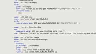 id: composer-cache
uses: actions/cache@v2
with:
path: Packages
key: ${{ runner.os }}-php-${{ hashFiles('**/composer.lock') }}
restore-keys: |
php-
- name: Add SSH key
uses: webfactory/ssh-agent@v0.5.4
with:
ssh-private-key: ${{ secrets.FLOWNATIVE_BOT_SSH_PRIVATE_KEY }}
- name: Install Dependencies
env:
COMPOSER_AUTH: ${{ secrets.COMPOSER_AUTH_JSON }}
run: composer install -q
-
-
no-ansi
-
-
no-dev
-
-
no-interaction
-
-
no-progress
-
-
opt
- name: Build Docker image
uses: docker/build-push-action@v2
with:
context: .
platforms: linux/amd64
push: true
tags: ${{ steps.meta.outputs.tags }}
labels: ${{ steps.meta.outputs.labels }}
 