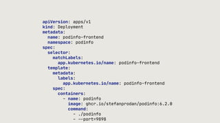 apiVersion: apps/v1
kind: Deployment
metadata:
name: podinfo-frontend
namespace: podinfo
spec:
selector:
matchLabels:
app.kubernetes.io/name: podinfo-frontend
template:
metadata:
labels:
app.kubernetes.io/name: podinfo-frontend
spec:
containers:
- name: podinfo
image: ghcr.io/stefanprodan/podinfo:6.2.0
command:
- ./podinfo
-
-
-
port=9898
 