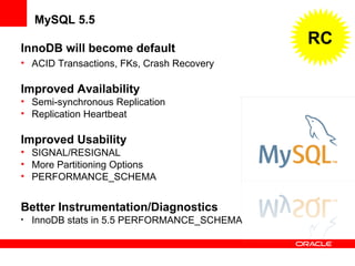 InnoDB will become default
• ACID Transactions, FKs, Crash Recovery
Improved Availability
• Semi-synchronous Replication
• Replication Heartbeat
Improved Usability
• SIGNAL/RESIGNAL
• More Partitioning Options
• PERFORMANCE_SCHEMA
Better Instrumentation/Diagnostics
• InnoDB stats in 5.5 PERFORMANCE_SCHEMA
MySQL 5.5
RC
 