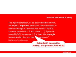 “The mysqli extension, or as it is sometimes known,
the MySQL improved extension, was developed to
take advantage of new features found in MySQL
systems versions 4.1.3 and newer. […] If you are
using MySQL versions 4.1.3 or later it is strongly
recommended that you use this extension.”
http://php.net/mysqli.overview
What The PHP Manual Is Saying
Extended(!) support for
MySQL 4.0(!) ended 2008-09-30
 