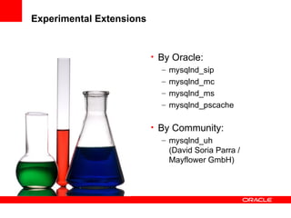 Experimental Extensions
• By Oracle:
– mysqlnd_sip
– mysqlnd_mc
– mysqlnd_ms
– mysqlnd_pscache
• By Community:
– mysqlnd_uh
(David Soria Parra /
Mayflower GmbH)
 